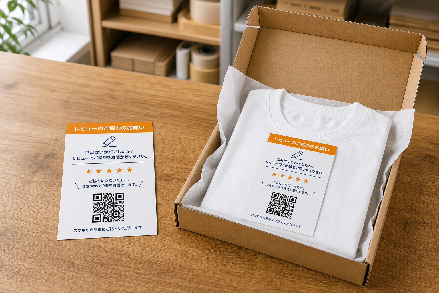 レビュー案内チラシ単体と、Tシャツの配送箱に同じチラシを同梱したイメージ